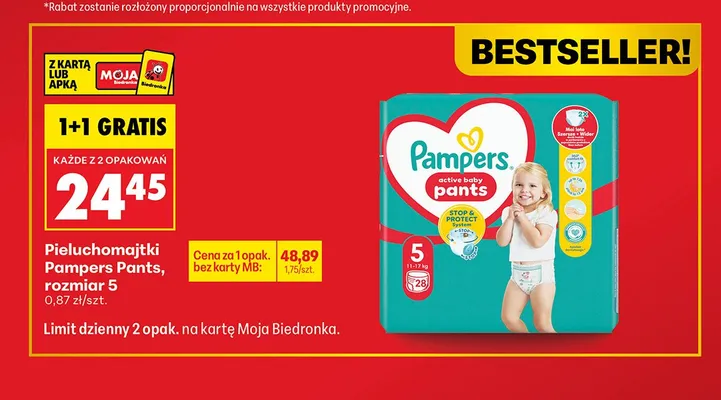 Pieluchomajtki Pampers Pants rozmiar 5 1+1 GRATIS promocja w Biedronka