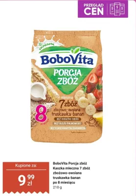 Kaszka mleczna BoboVita Porcja zbóż 7 zbóż zbożowo-owsiana truskawka-banan po 8 miesiącu promocja w Biedronka