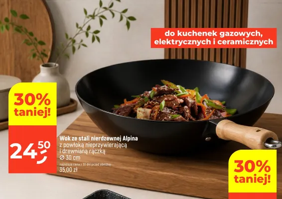 Wok ze stali nierdzewnej Alpina z powłoką nieprzywierającą i drewnianą rączką Ø30 cm promocja w Dealz