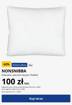 Poduszka z pierzem kaczym Nonsnibba 70x80x5 promocja w Jysk