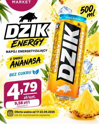 Napój energetyzujący Dzik Energy o smaku ananasa bez cukru promocja w emma MARKET