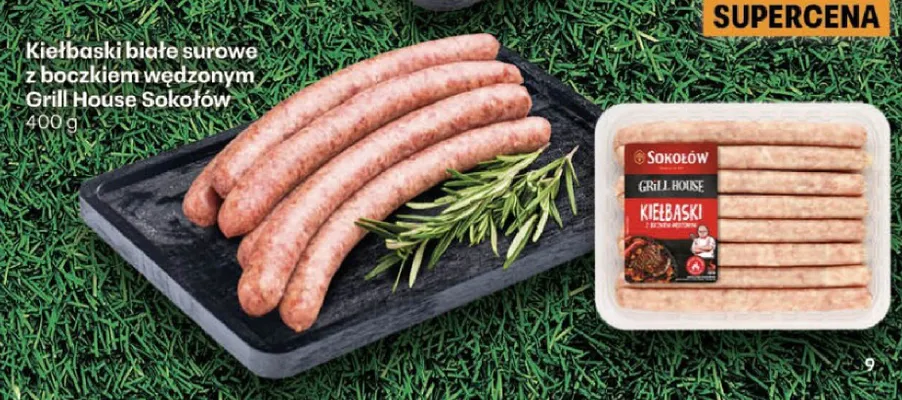 Kiełbaski białe surowe z boczkiem wędzonym Sokołów Grill House promocja w Delikatesy Centrum