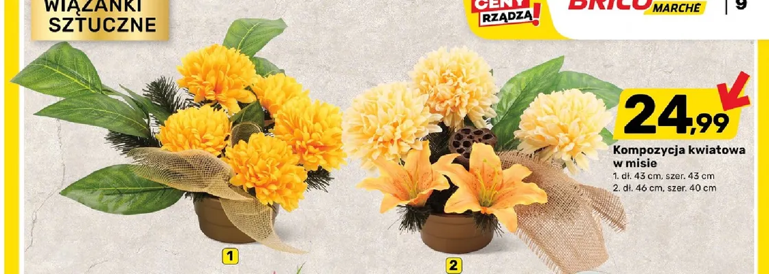 Kompozycja kwiatowa w misie 43x43 cm promocja w Bricomarche