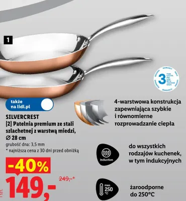 Patelnia premium ze stali szlachetnej z warstwą miedzi 28 cm Silvercrest promocja w Lidl