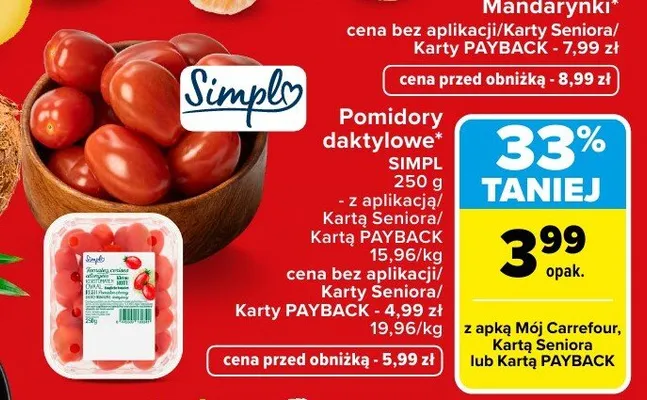 Pomidory daktylowe Simpl promocja w Carrefour
