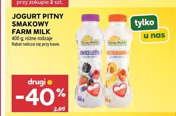 Jogurt pitny smakowy brzoskwinia Farm Milk promocja w Stokrotka