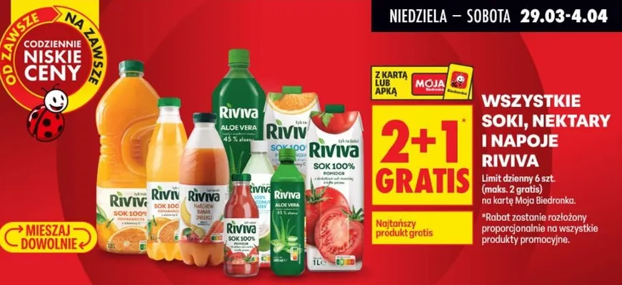 Wszystkie soki, nektary, napoje 2+1 GRATIS promocja w Biedronka