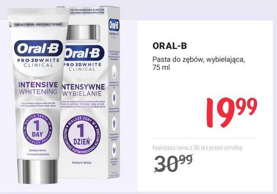 Pasta do zębów wybielająca Oral-B Pro 3D White Clinical Intensive Whitening promocja w Rossmann