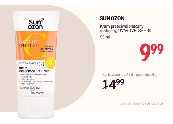 Krem przeciwsłoneczny matujący UVA+UVB SPF 30 Sunozon promocja w Rossmann