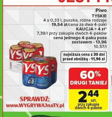 Piwo bezalkoholowe Tyskie 0.0 4-pak 330ml promocja w Carrefour