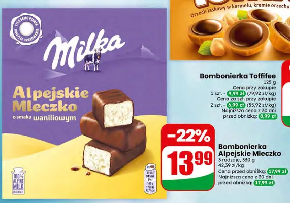 Bombonierka alpejskie mleczko o smaku waniliowym, 3 rodzaje Milka promocja w Dino