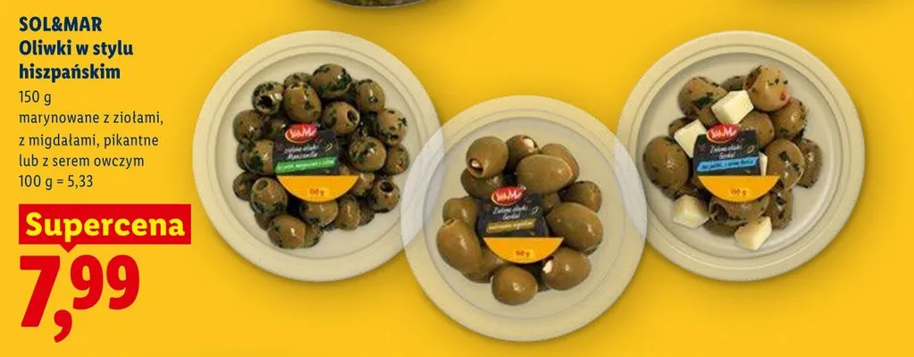 Oliwki w stylu hiszpańskim marynowane z ziołami, z migdałami, pikantne lub z serem owczym promocja w Lidl
