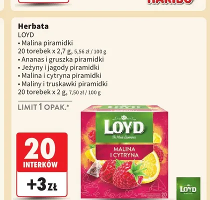 Herbata malina i cytryna piramidki Loyd promocja w Intermarche