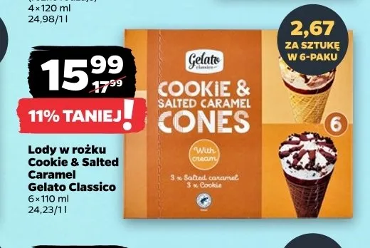 Lody w rożku Cookie & Salted Caramel Gelato Classico promocja w Netto