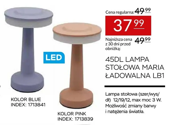 45DL Lampa stołowa Maria ładowalna LB1 promocja w Abra Meble