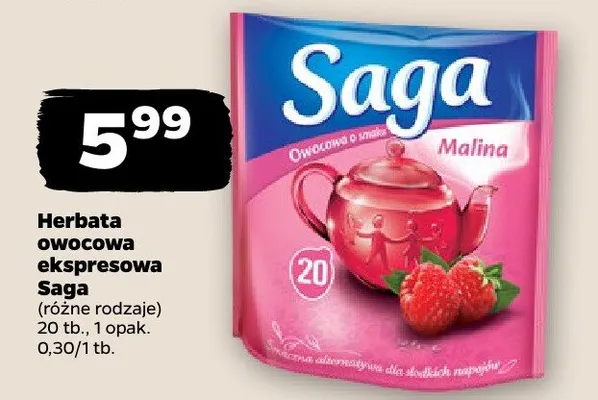 Herbata owocowa ekspresowa różne rodzaje Saga promocja w Netto