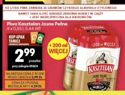 Piwo Kasztelan Jasne Pełne 4-pak 0,55l promocja w Delikatesy Centrum