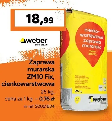 Zaprawa murarska cienkowarstwowa Weber ZM10 Fix promocja w Bricoman