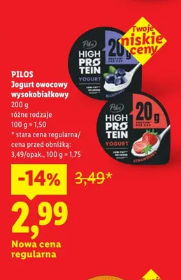 Jogurt owocowy wysokobiałkowy jagodowy Pilos promocja w Lidl