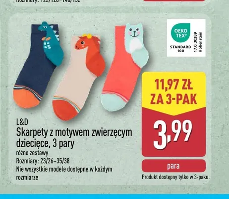 Skarpety dziecięce z motywem zwierzęcym L&D 3-pak promocja w Aldi