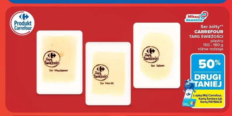 Ser żółty Salami Carrefour Targ Świeżości plastry promocja w Carrefour