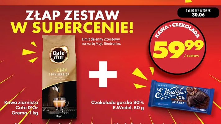 Zestaw kawa ziarnista Cafe D'Or Crema + czekolada gorzka 80% E.Wedel promocja w Biedronka