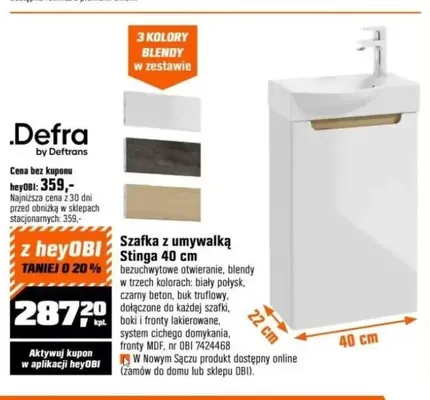 Szafka z umywalką Stinga 40 cm Defra promocja w OBI