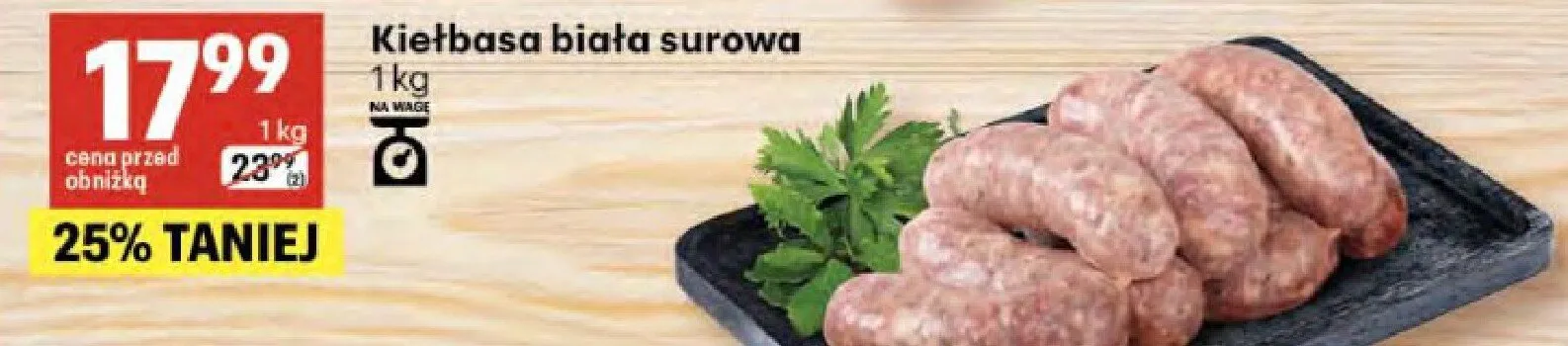Kiełbasa biała surowa promocja w Delikatesy Centrum