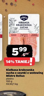 Kiełbasa krakowska sucha z szynki z wołowiną Mistrz Rohus promocja w Netto