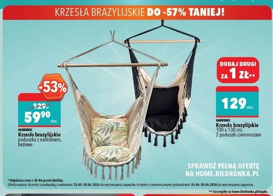 Krzesło brazylijskie Gardenic 100x130 cm 2 poduszki ciemnoszare promocja w Biedronka Home