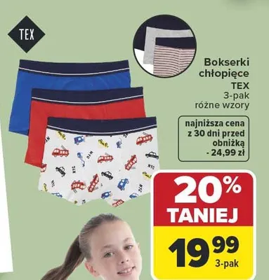 Bokserki chłopięce TEX 3-pak różne wzory 20% taniej promocja w Carrefour
