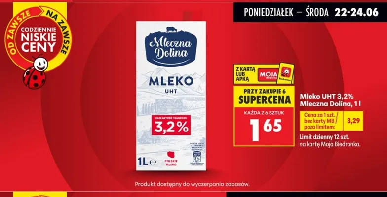 Mleko UHT 3,2% Mleczna Dolina promocja w Biedronka