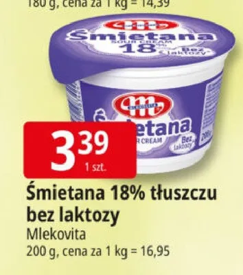 Śmietana 18% tłuszczu bez laktozy Mlekovita promocja w Leclerc