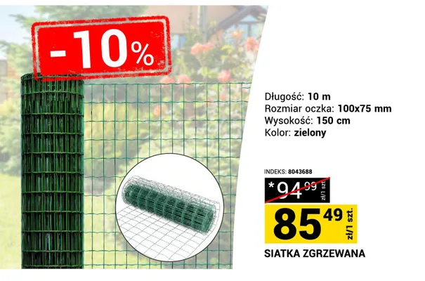 Siatka zgrzewana długość 10m rozmiar oczka 100x75mm wysokość 150cm zielona promocja w Merkury Market