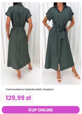 Sukienka damska midi z paskiem ModnaKiecka.pl ciemnozielona promocja w Modna Kiecka