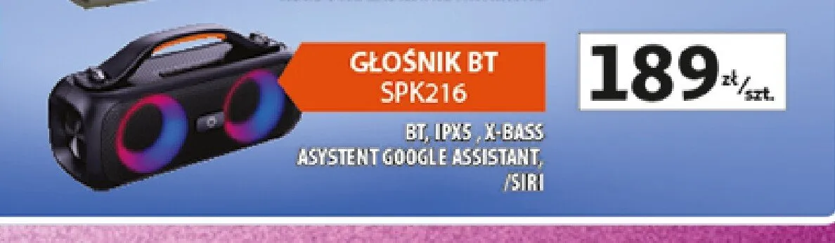 Głośnik BT Manta SPK216 BT, IPX5, X-BASS asystent Google Assistant, /Siri promocja w Auchan