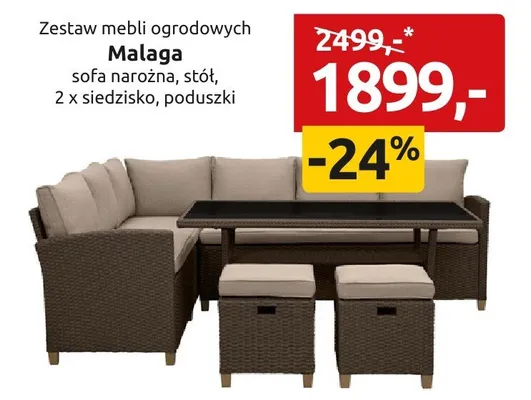 Zestaw mebli ogrodowych Malaga sofa narożna stół 2x siedzisko poduszki promocja w Black Red White