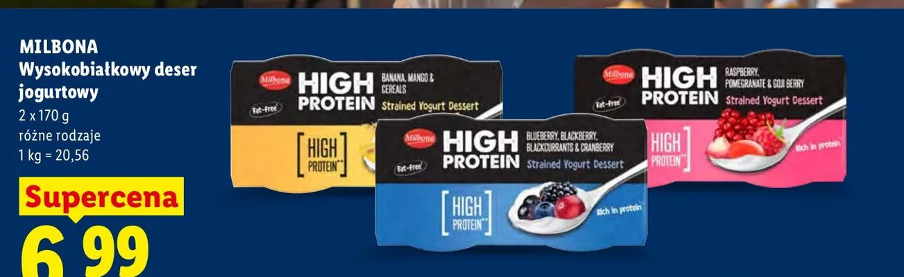 Wysokobiałkowy deser jogurtowy Milbona jagoda jeżyna czarna porzeczka żurawina 2-pak promocja w Lidl