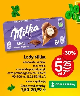 Lody Milka czekoladowa wanilia, mini rożki, chocolate pretzel patyk promocja w Żabka