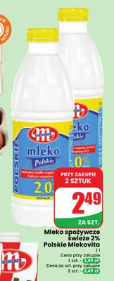 Mleko spożywcze świeże polskie Mlekovita 2% promocja w Dino
