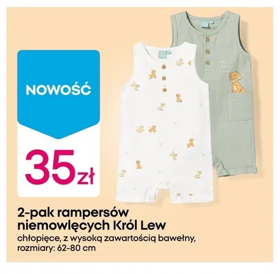 Rampersy niemowlęce Król Lew chłopięce z wysoką zawartością bawełny 2-pak promocja w Pepco