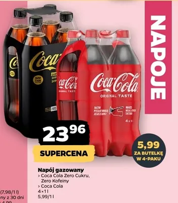 Napój gazowany Coca Cola Zero cukru, Zero Kofeiny Coca Cola promocja w Netto