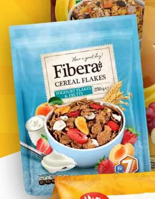 Płatki śniadaniowe Fibera Cereal Flakes z jogurtem i owocami promocja w Stokrotka