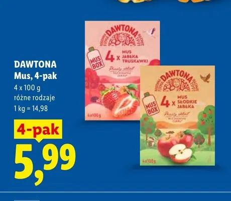 Mus jabłko truskawka Dawtona 4-pak promocja w Lidl
