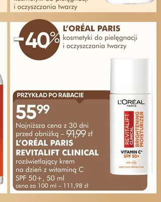 Rozświetlający krem na dzień z witaminą C SPF 50+ L'ORÉAL PARIS REVITALIFT CLINICAL 50ml promocja w Super-Pharm