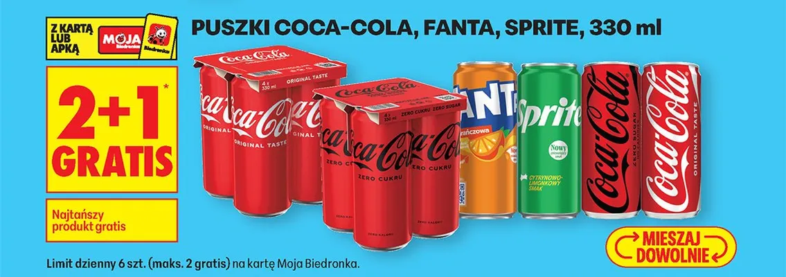 Napoje Coca-Cola, Fanta, Sprite 330 ml 2+1 GRATIS promocja w Biedronka