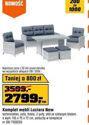 Komplet mebli luciara new technorattan, sofa, fotele, pufy, stół ze szklanym blatem o wym. 145x75x70cm, poduchy w komplecie promocja w OBI