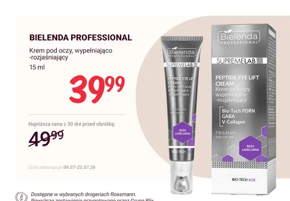 Krem pod oczy wypełniająco-rozjaśniający Bielenda Professional Supremelab Peptide Eye Lift promocja w Rossmann