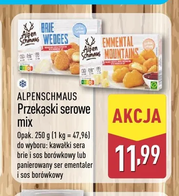 Przekąski serowe mix panierowany ser ementaler i sos borówkowy Alpenschmaus promocja w Aldi
