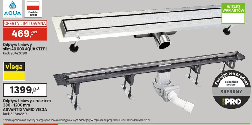 Odpływ liniowy slim 40 600 Aqua Steel promocja w Leroy Merlin